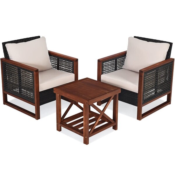 3 Pieces Outdoor Patio Furniture Set Wicker Chairs with Table，Balcony Porch Furniture Bistro Set with Cushions for Garden