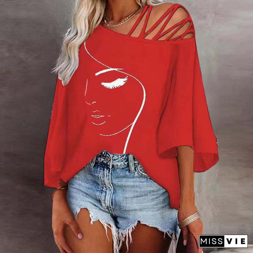 Women Sexy Hollow Out Straps Off Shoulder Tee Shirt Harajuku Half Sleeve Blusas Fashion Loose Casual Top Ladies Printed T-Shirts