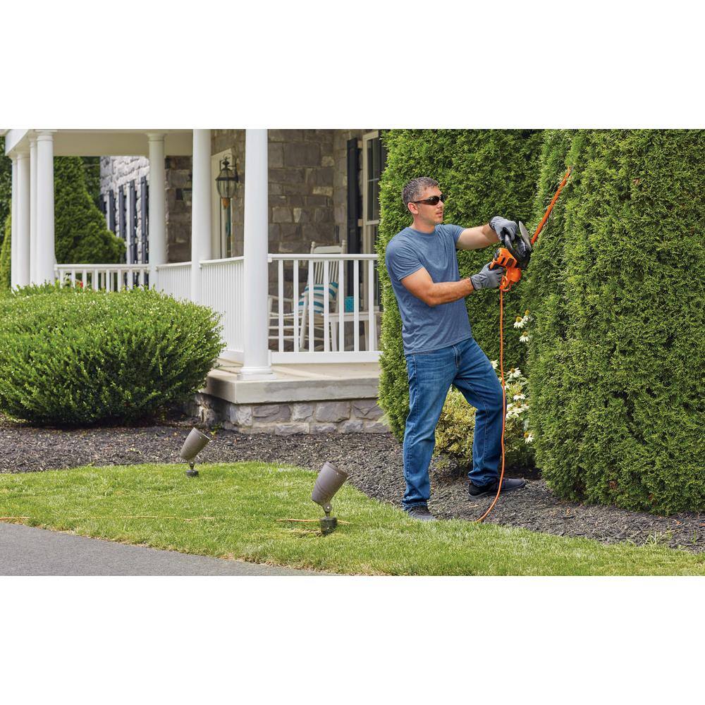 BLACK+DECKER 20 in. 3.8 AMP Corded Dual Action Electric Hedge Trimmer with Saw Blade Tip BEHTS300