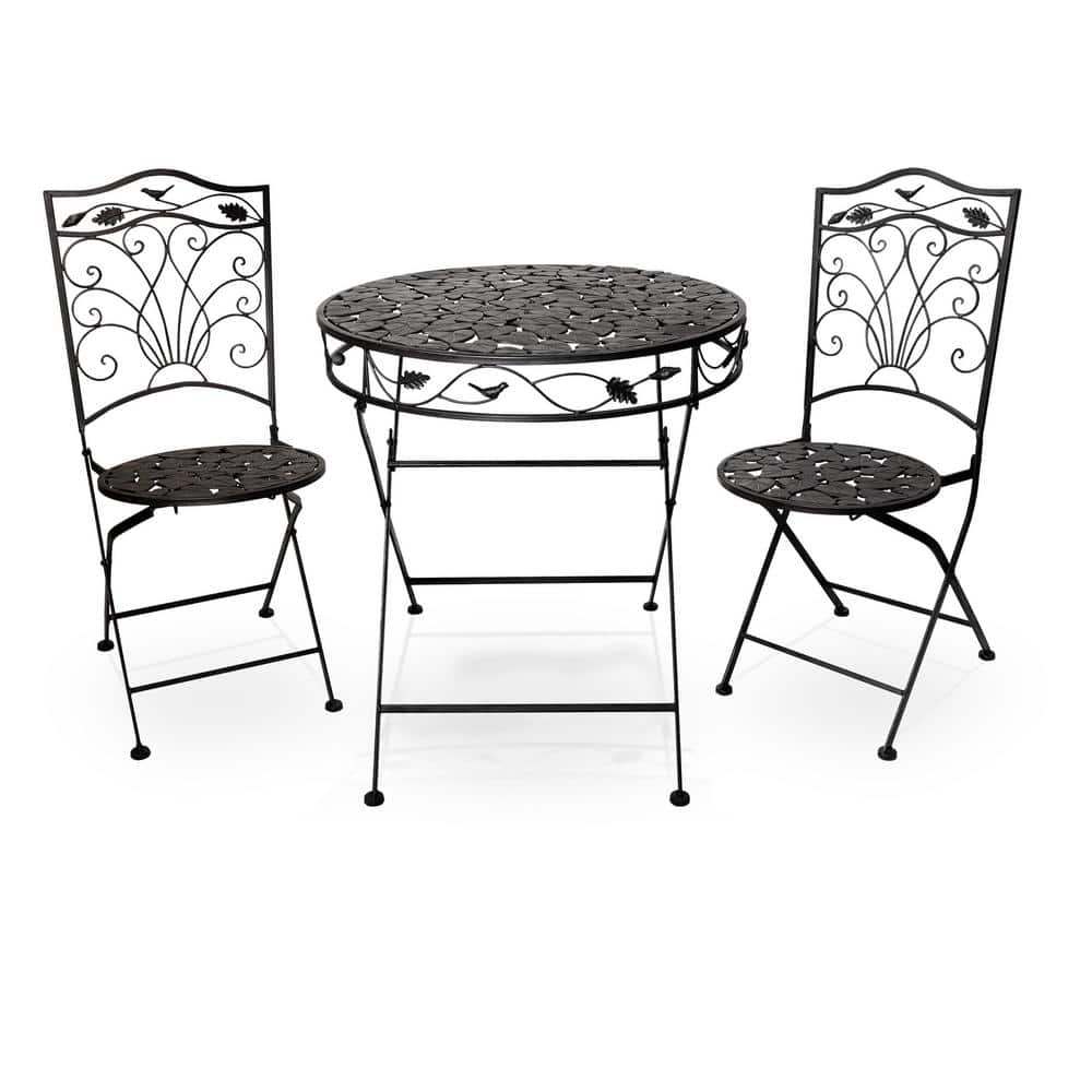 Alpine Corporation Indoor/Outdoor 3-Piece Iron Garden Bistro Set Folding Table and Chairs Patio Seating with Leaf Design BVK116A