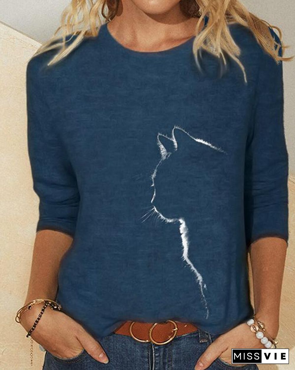 Cat Print Long Sleeves O-neck Casual T-shirt For Women