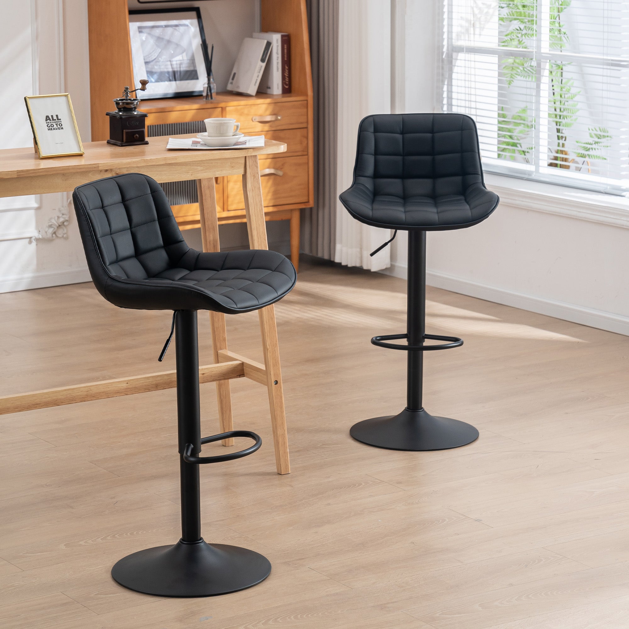 Kidol and Shellder Bar Stools Set of 2 Black PU Leather Swivel Adjustable Kitchen Barstools with Back