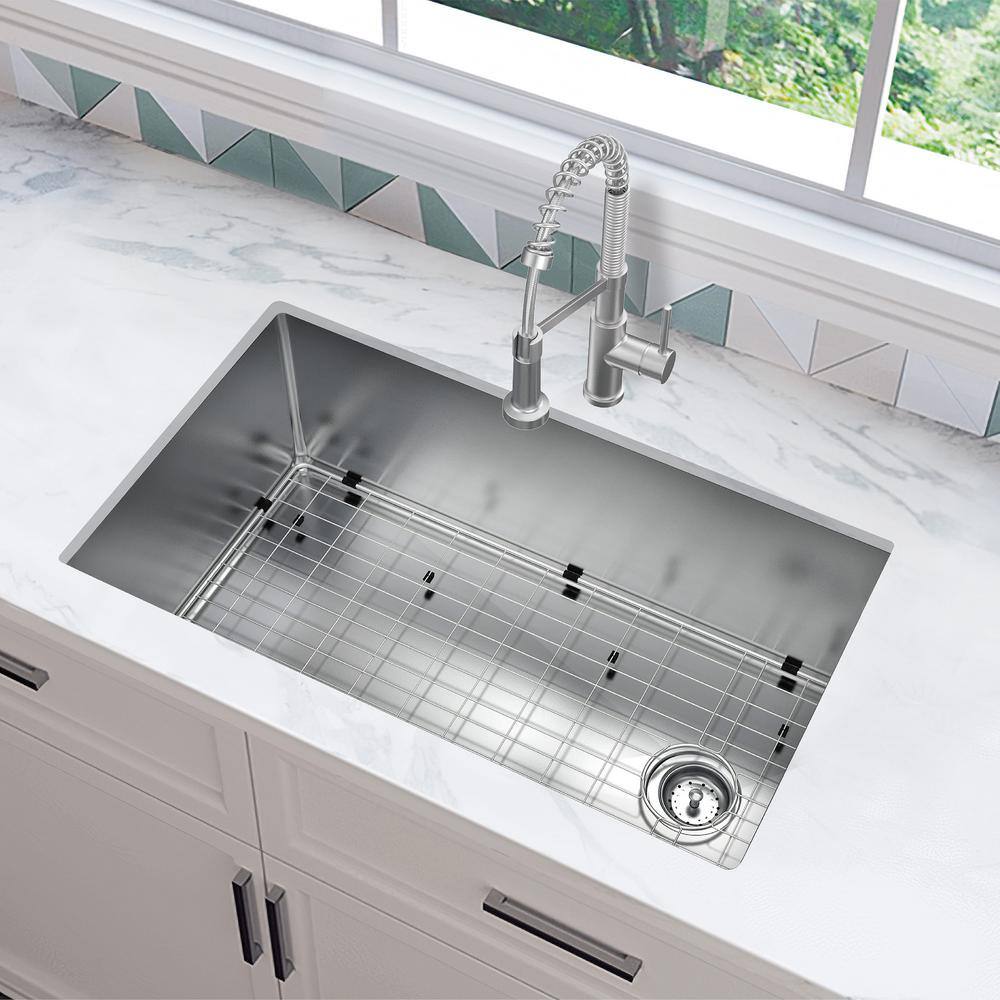 Glacier Bay Tight Radius Undermount 18G Stainless Steel 31 in. Single Bowl Kitchen Sink with Offset Drain and Accessories VUR3118A1ACC