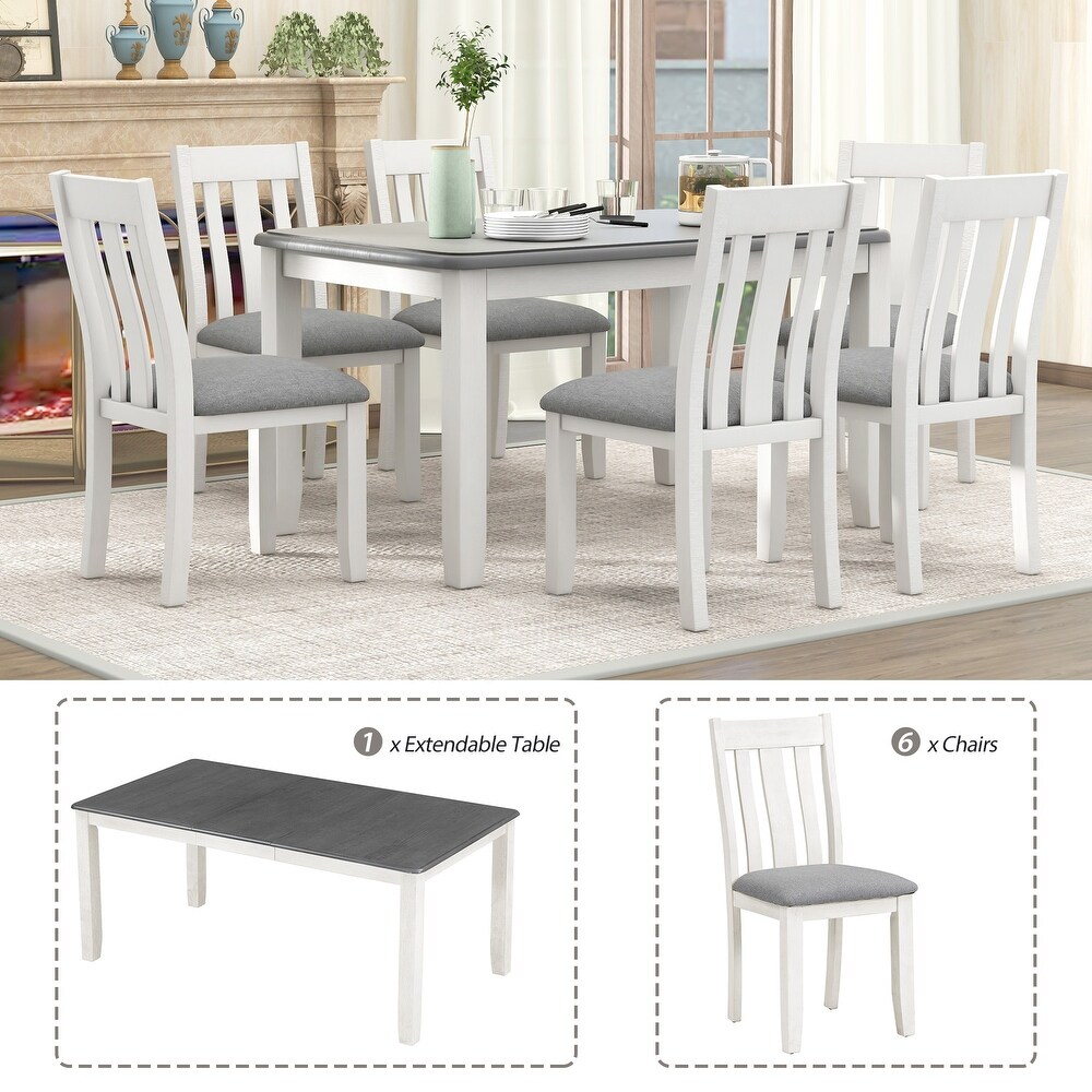 Retro 7 Piece Dining Sets  Extendable Dining Table with 6 Linen Upholstered Dining Chairs  for Apartment  Dining Room