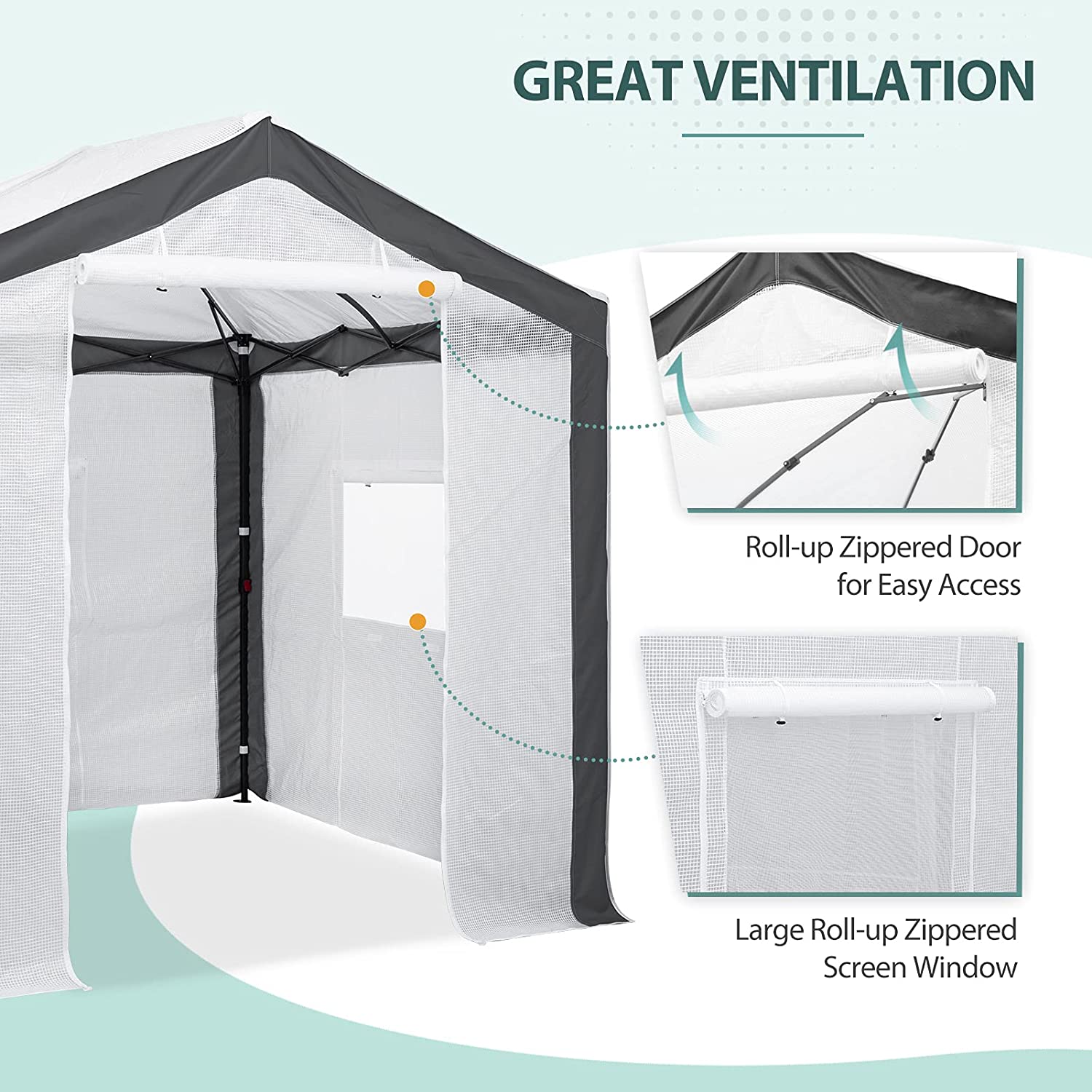 EAGLE PEAK 8 ' x 8 ' Portable Walk-in Greenhouse with Roll-up Zipper Entry Door and 3 Large Roll-Up Screen Windows, Instant Pop-up Easy Setup Indoor Outdoor Plant Gardening Green House, White