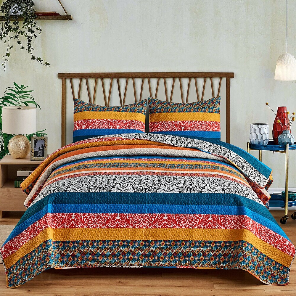 3 Pieces Plaid Printed Reversible Bedspread King Boho Stripe