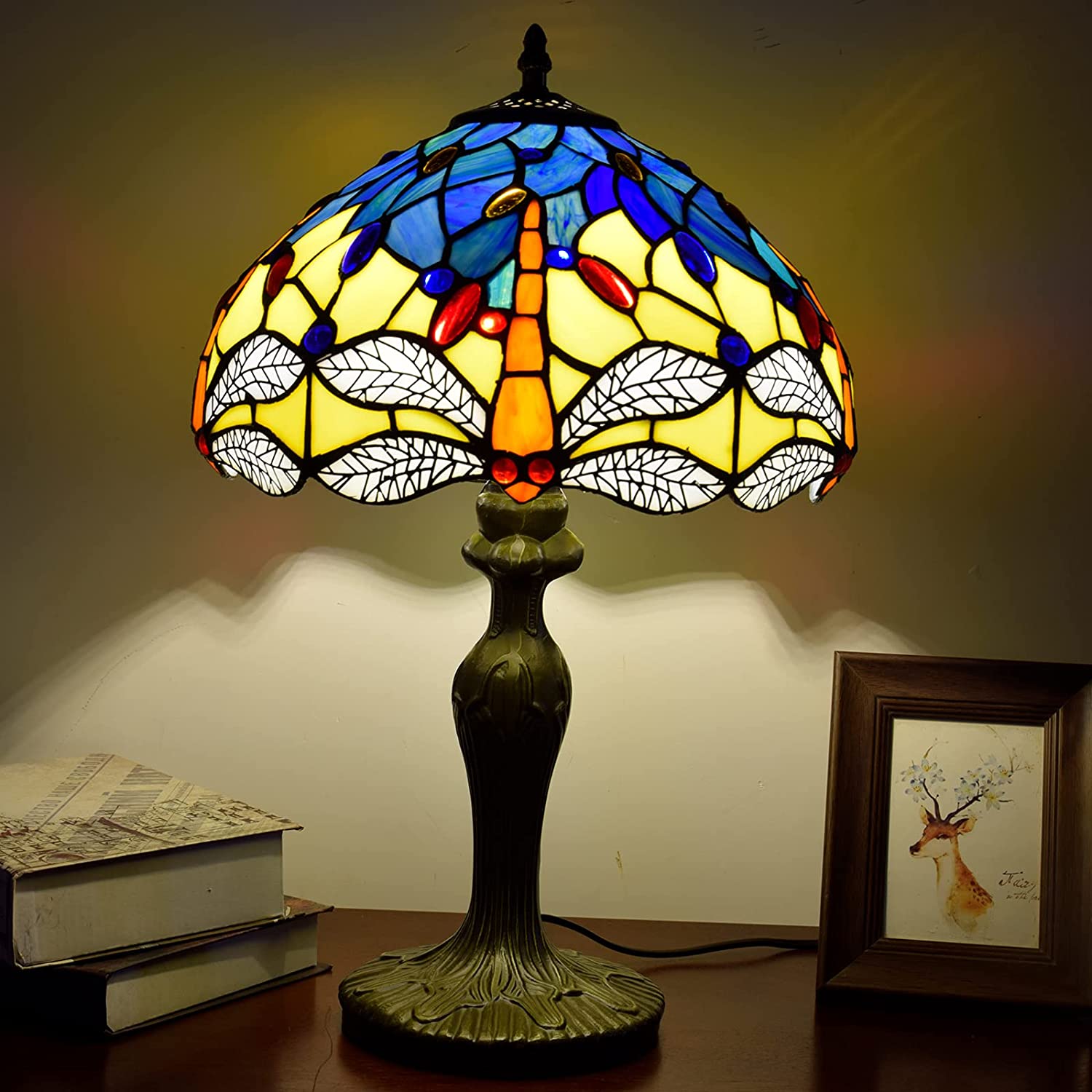 SHADY Tiffany Lamp Stained Glass Lamp Yellow Blue Dragonfly Bedroom Table Lamp Reading Desk Light for Bedside Living Room Office Dormitory Dining Room Decorate  12x12x18 Include Light Bul