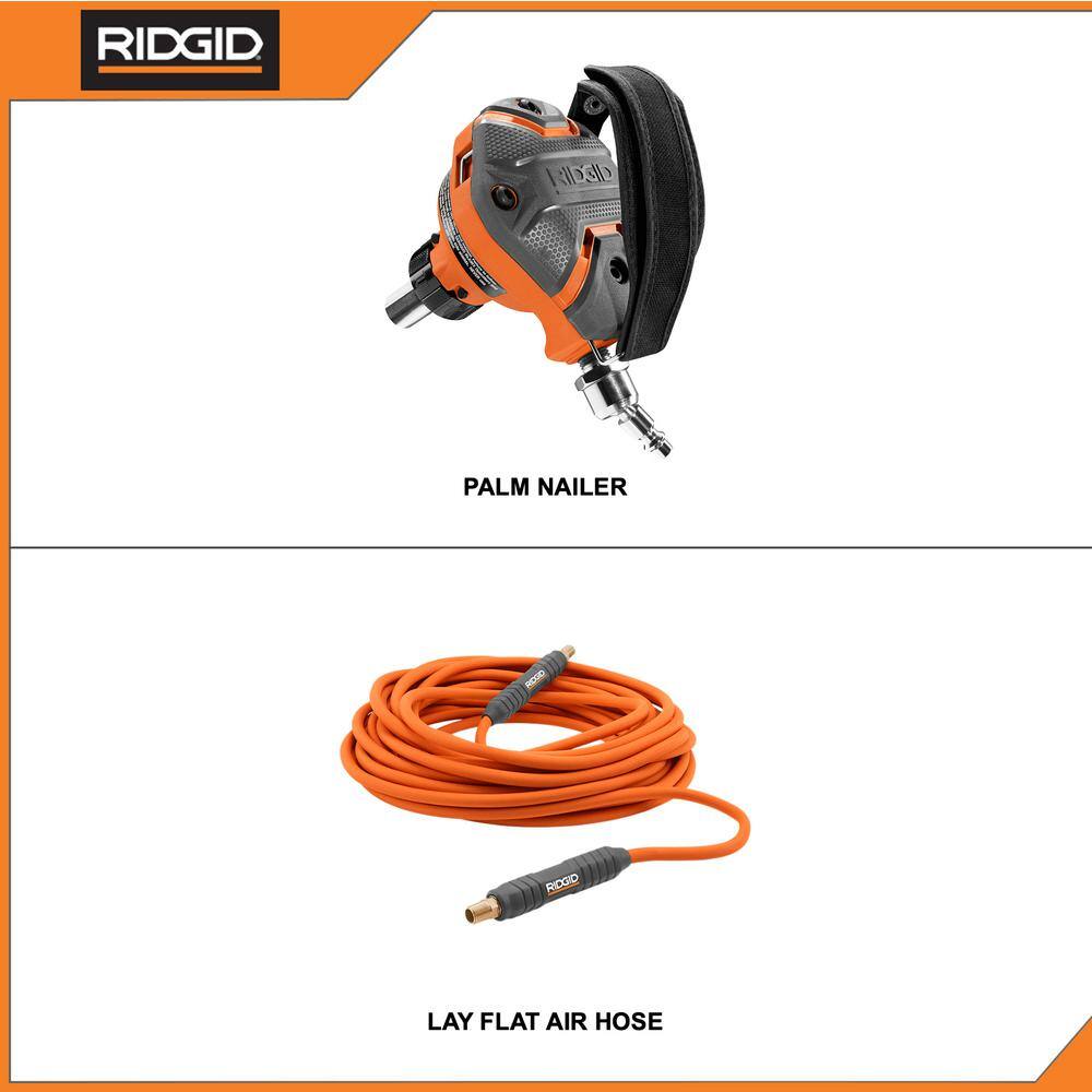 RIDGID Pneumatic 3-12 in. Full-Size Palm Nailer with 14 in. 50 ft. Lay Flat Air Hose R350PNF-R5025LF