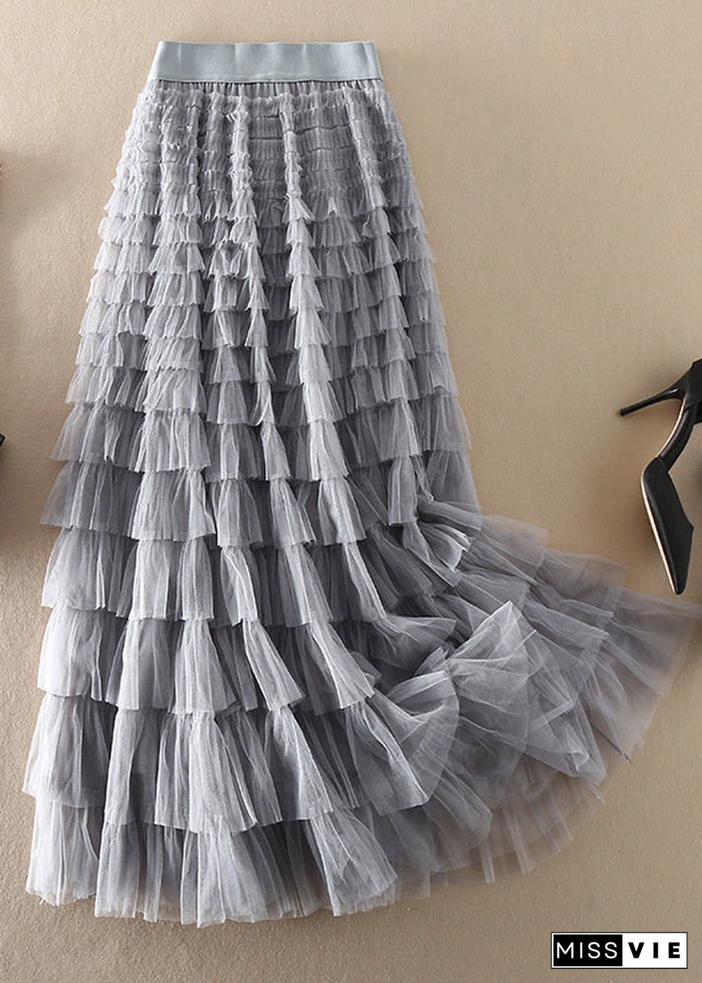 Loose Grey elastic waist Patchwork Tulle Skirt Spring