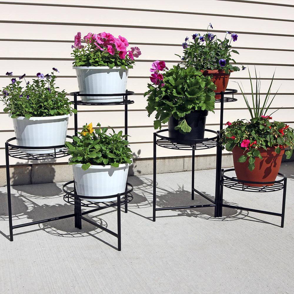 Sunnydaze Decor 22 in. Black Iron 3-Tiered Plant Stand (2-Pack) HMI-729