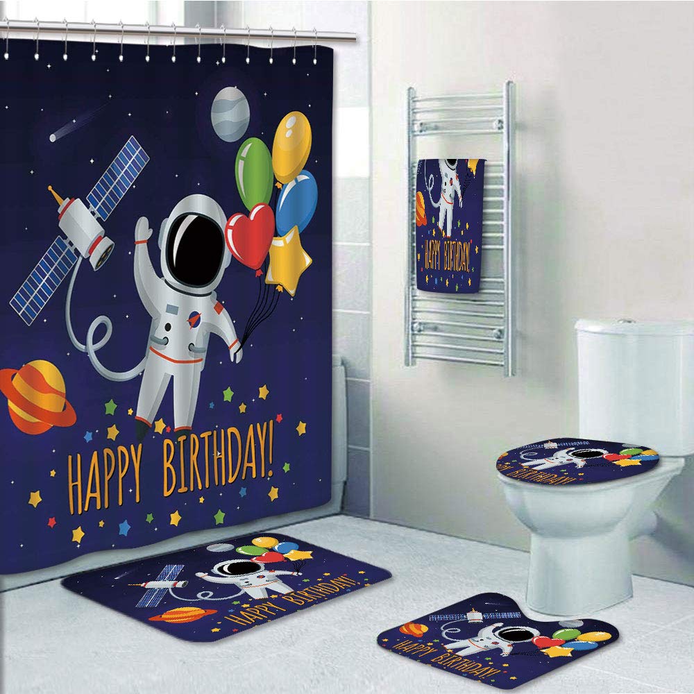 PRTAU Birthday for Kids Space Lover Astronaut with Party Balloon on Backdrop 5 Piece Bathroom Set Shower Curtain Bath Towel Bath Rug Contour Mat and Toilet Lid Cover