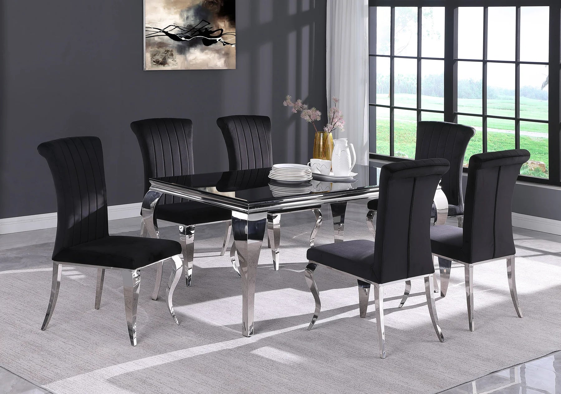 7 Pcs Black Glass Top Table Set