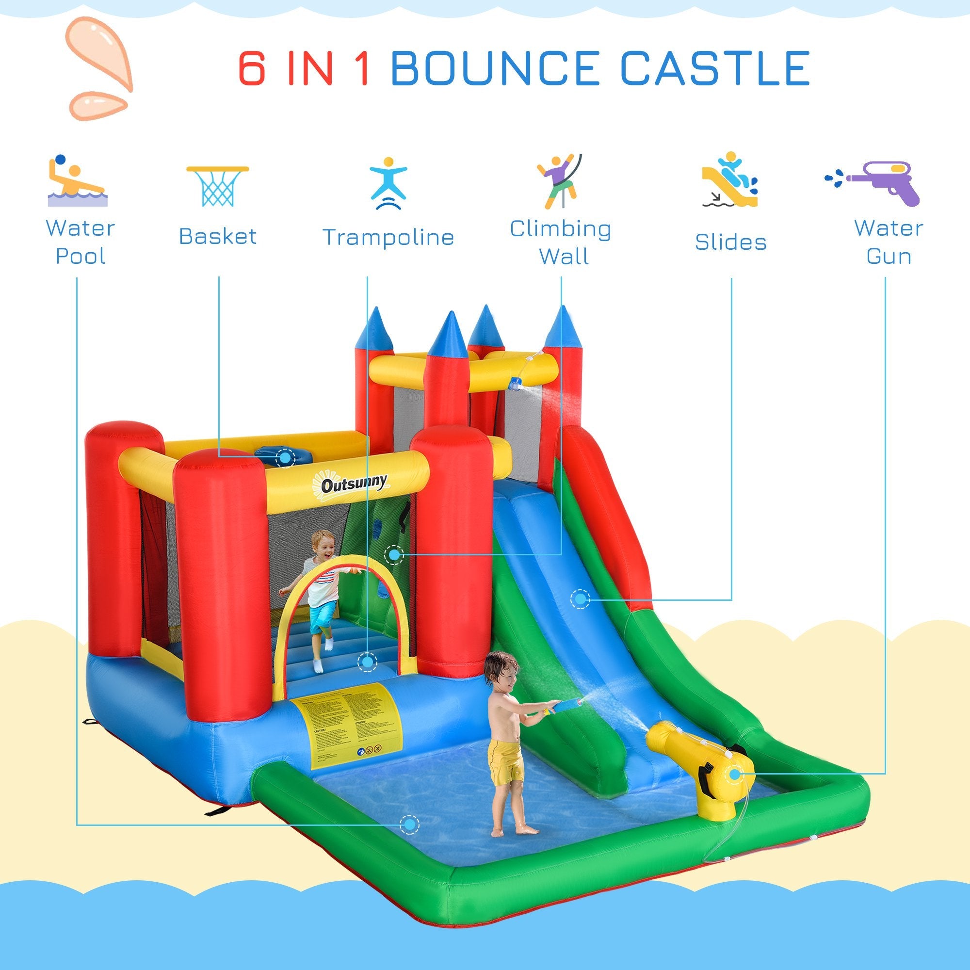 IKAYAA 6-in-1 Kids Inflatable House Jumping Castle with Slide, Water Pool, & Climbing Wall, Inflator Included