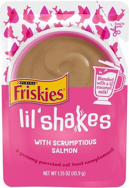 Friskies Pureed Topper Lil’ Shakes With Scrumptious Salmon Cat Food， 1.55-oz bag， Case of 16