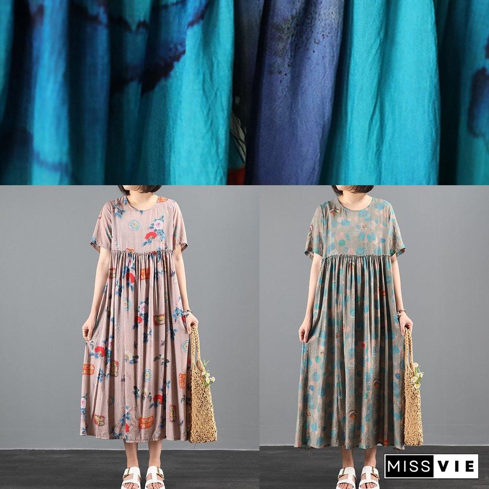 Women blue print cotton dress o neck Extra large hem robes summer Dresses