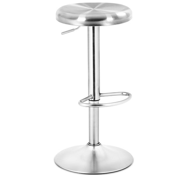 Brushed Stainless Steel Bar Stool Adjustable Height Round Top - Silver - 15.5