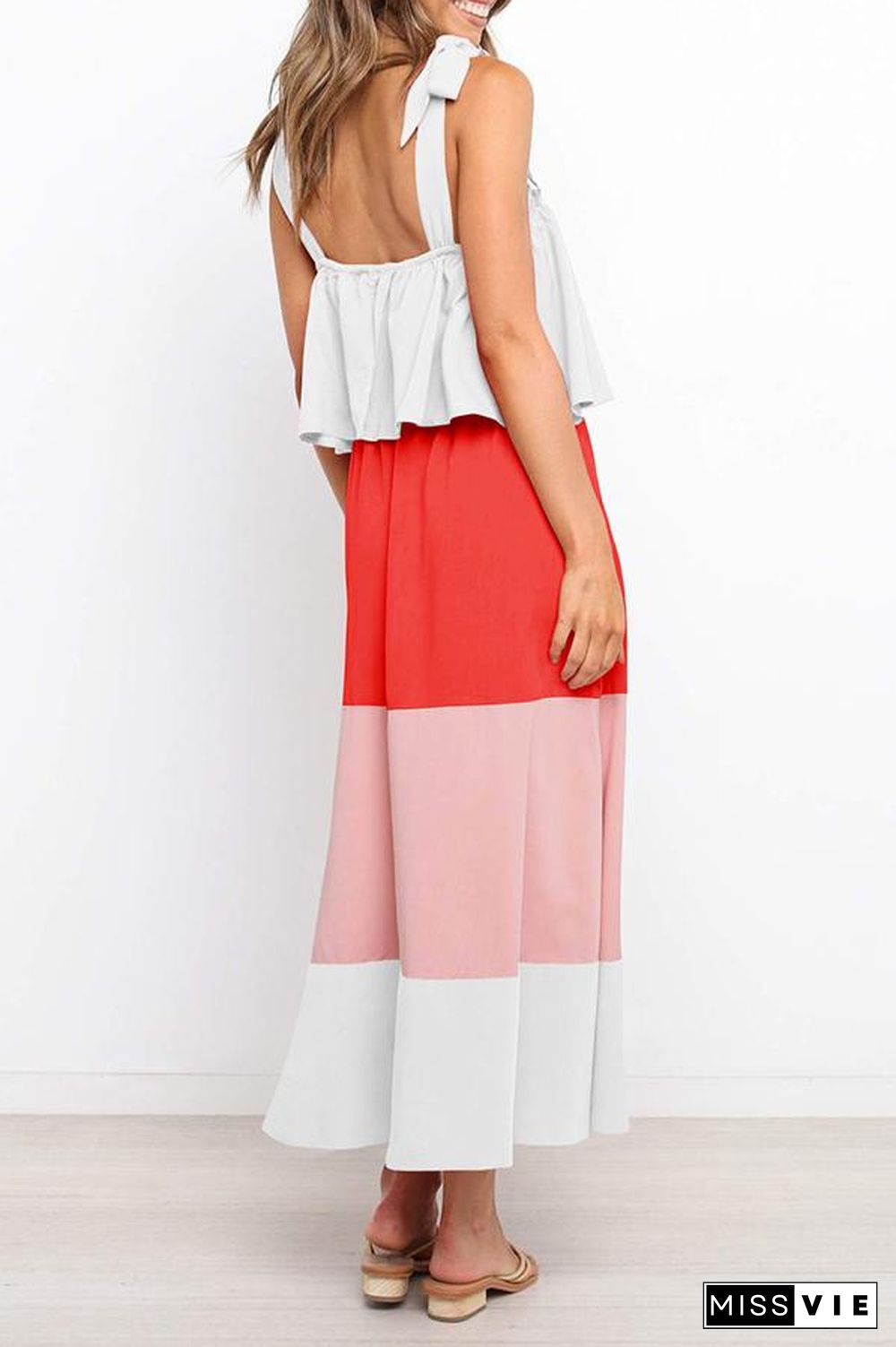 Lace-up Ruffled Colorblock Maxi Dress P13032