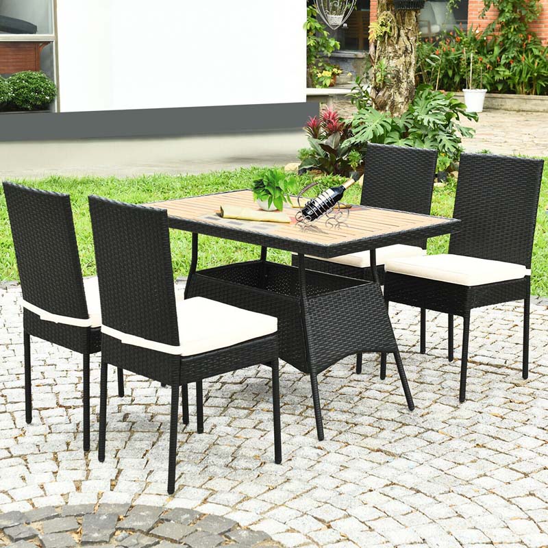 5 Pcs Rattan Outdoor Patio Dining Set with Acacia Wood Tabletop & 4 Cushioned Chairs