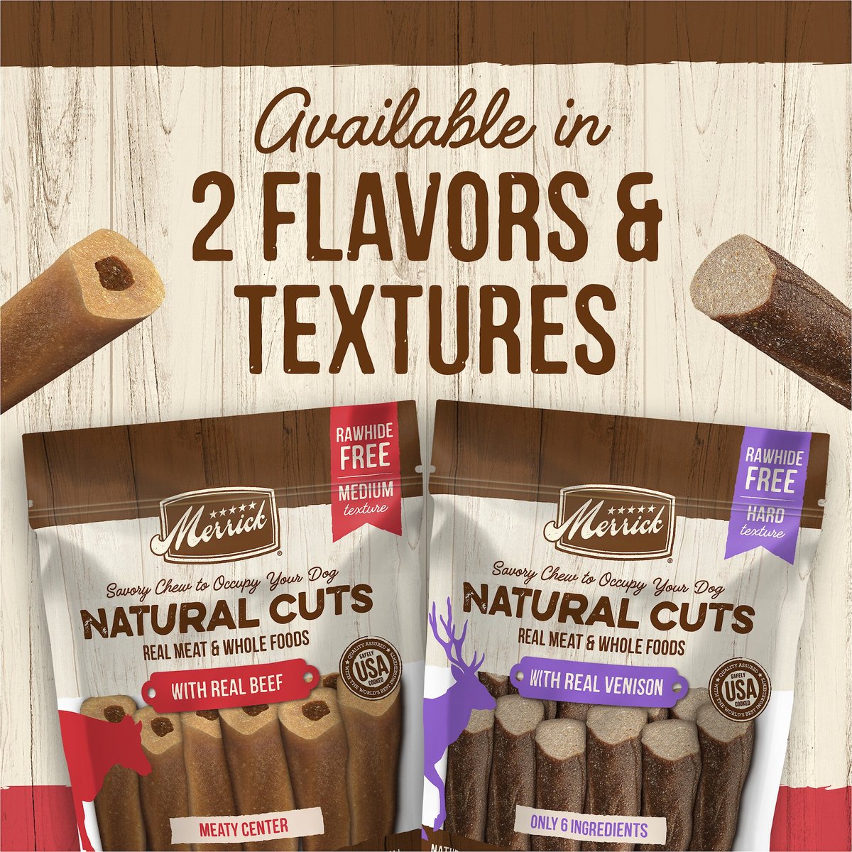 Merrick Natural Cuts Large Real Beef Flavor Rawhide Free Dog Treats， 3 count