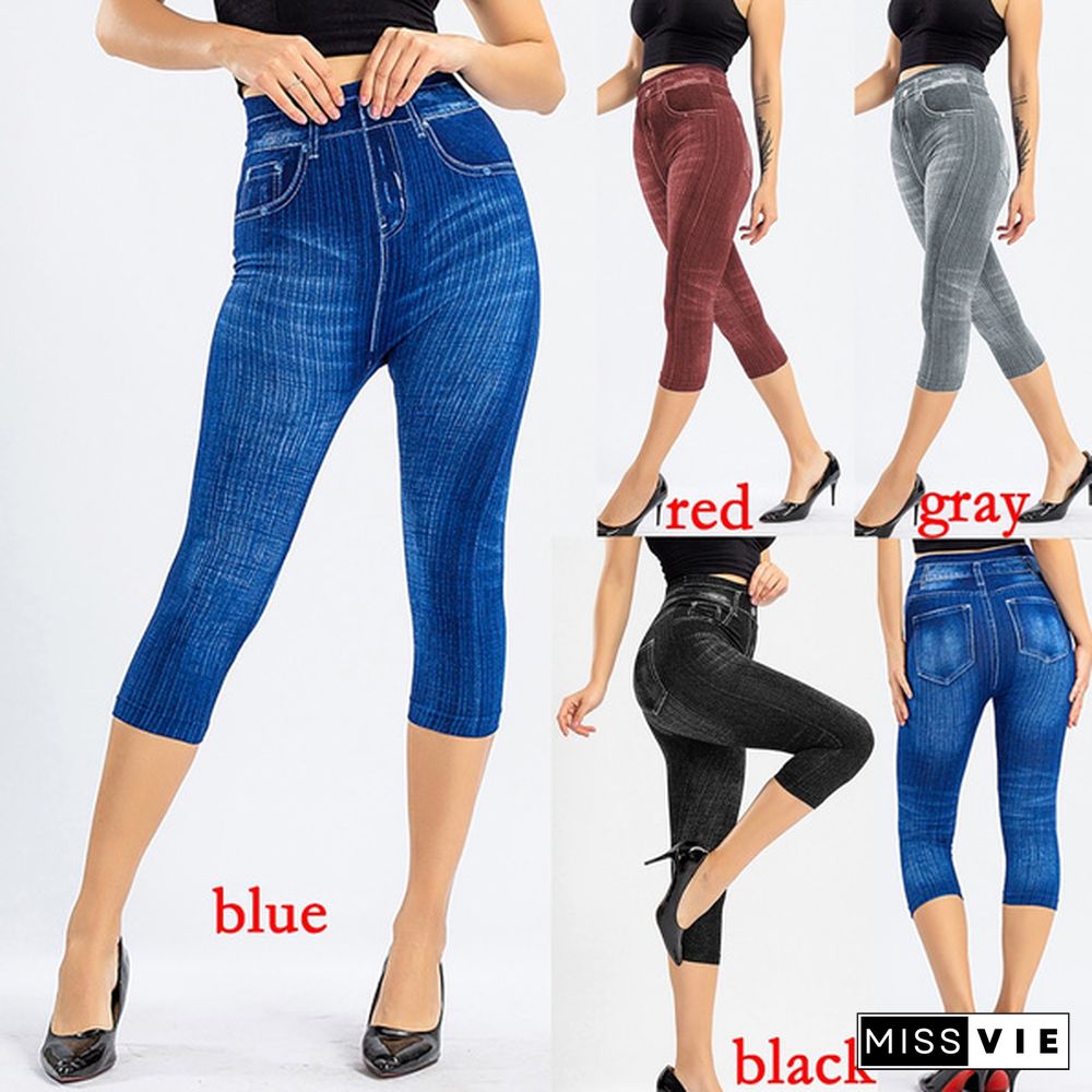 New Womens Skinny Jeans High Waist Slim Short Leggings Denim Stretchy Jeggings Seamless Yoga Pants