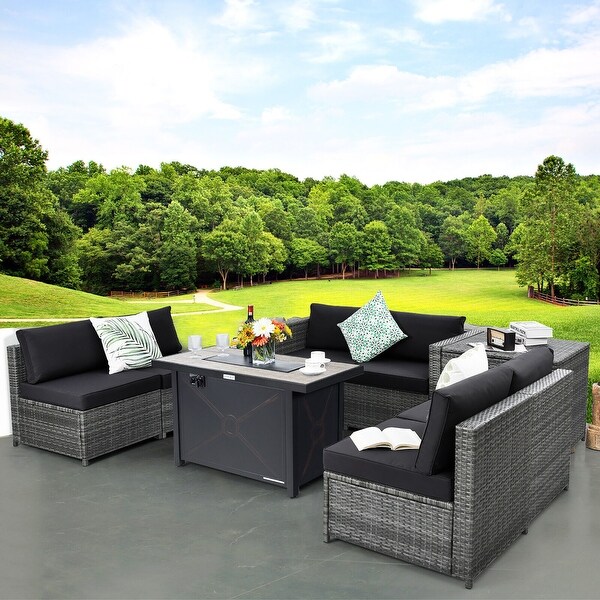 Gymax 9 PCS Patio Rattan Furniture Set Fire Pit Table Storage Black W/