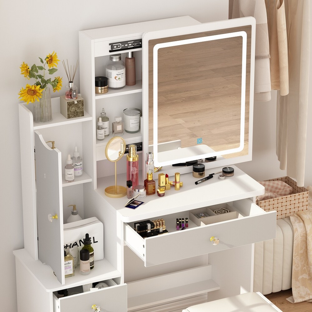 Makeup Vanity Set with Mirror and Light and Stool Dresser Makeup Table