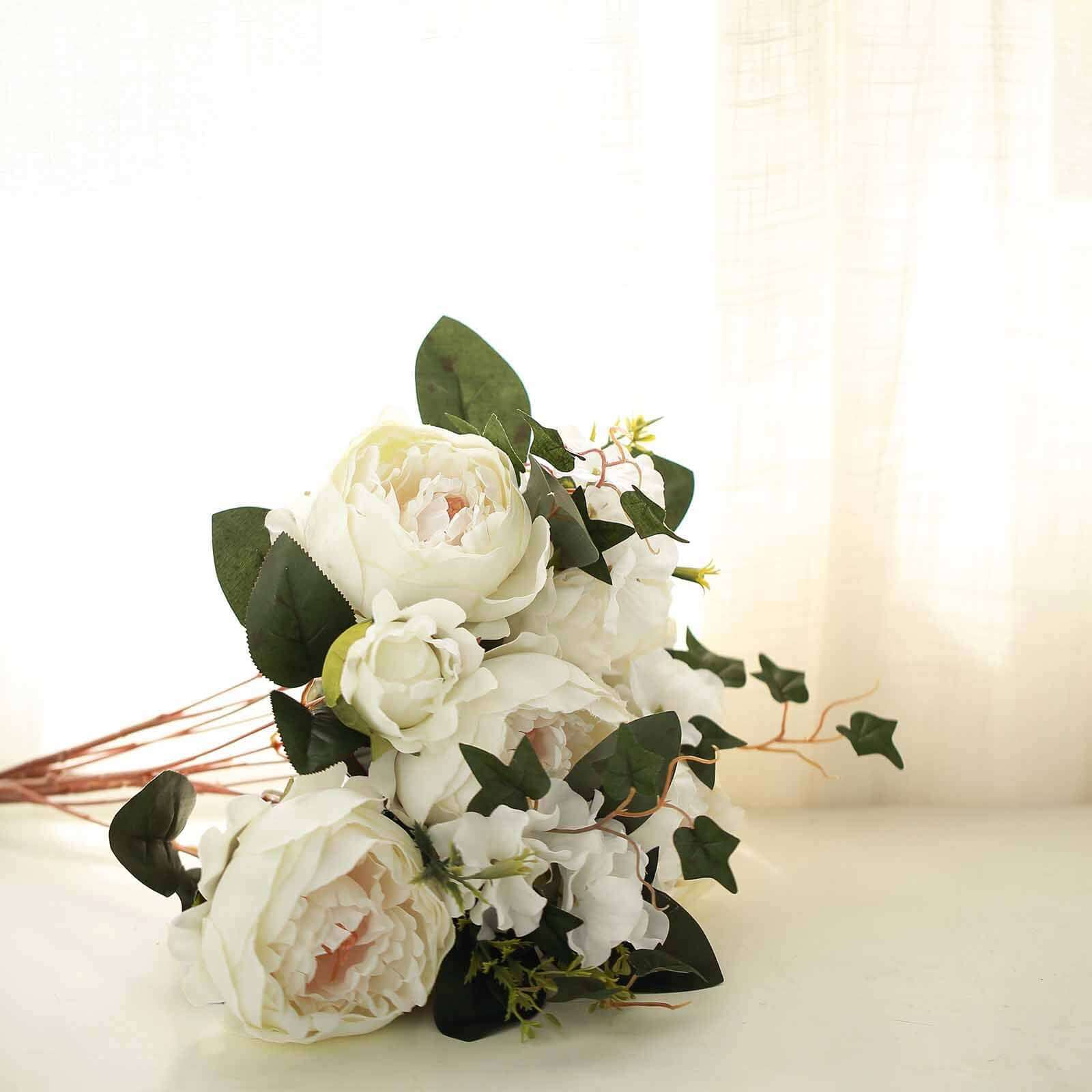 2 Bush Ivory Artificial Silk Peony, Rose and Hydrangea Flower Bouquet