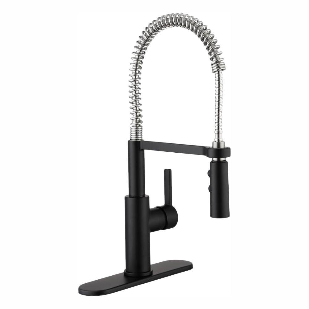 Glacier Bay Statham Single-Handle Coil Spring Neck Kitchen Faucet with TurboSpray in Dual Finish Stainless Steel  Matte Black HD67858-0073