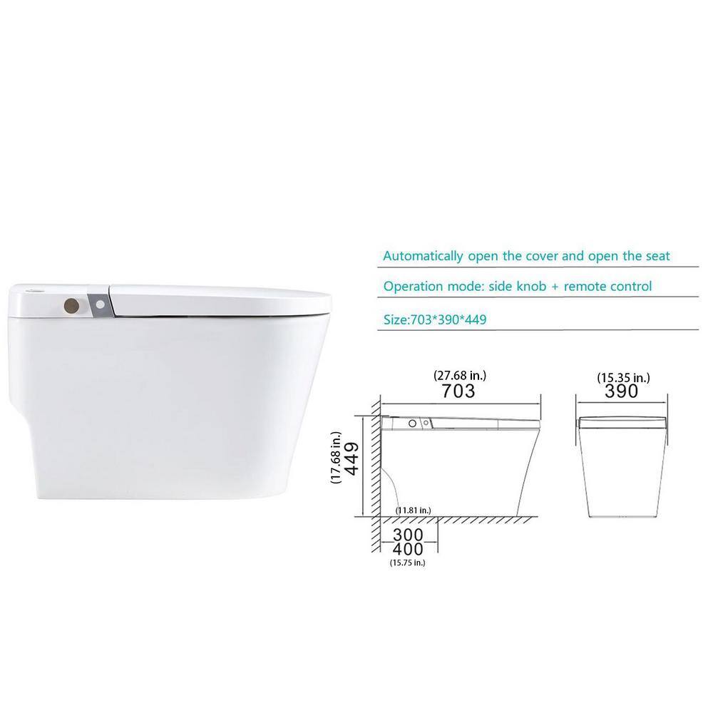 tunuo Smart Auto Open 1-Piece 1.32 GPF Single Flush Elongated Toilet in. White Seat Included with Remote Control SFWF-W15668BT