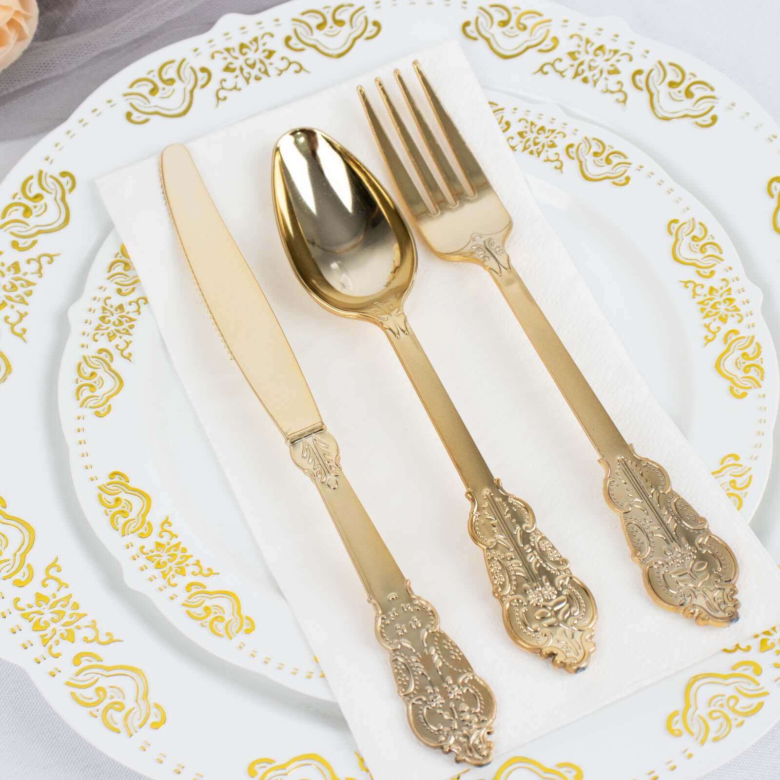 24 Pack Metallic Gold Baroque Style Heavy Duty Plastic Silverware Set