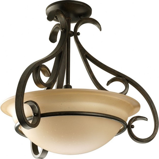 Progress Lighting Torino 3 light Semi flush In Forged Bronze With Etched White Glass Bowl