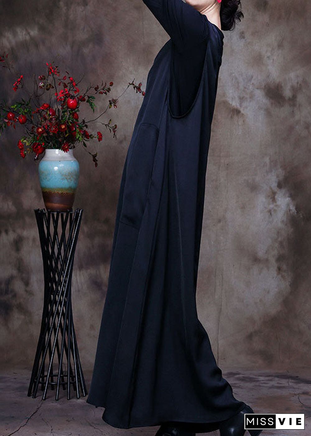 Fashion Black V Neck pockets Silk Maxi Dresses Sleeveless