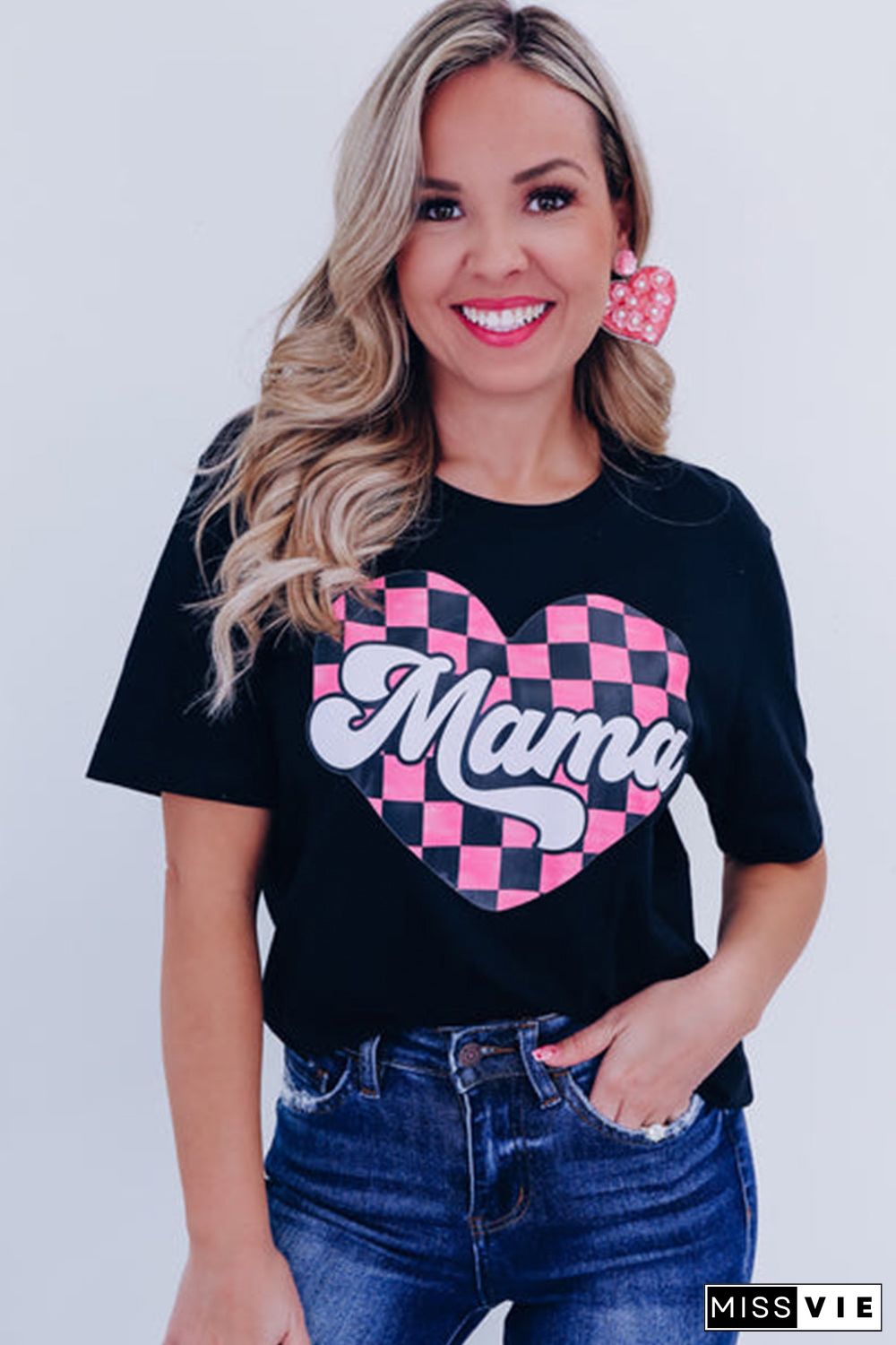 Black Mama Checkered Heart Shape Print Crewneck T Shirt