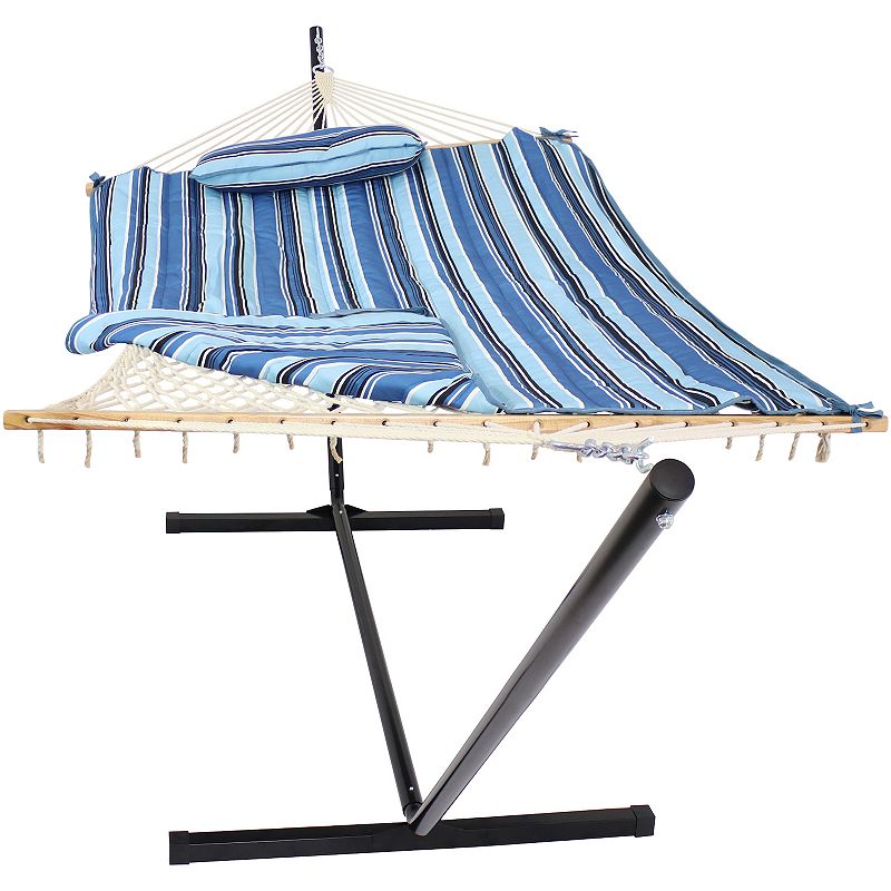 Sunnydaze Rope Hammock with Pad and Pillow Set and 12' Stand