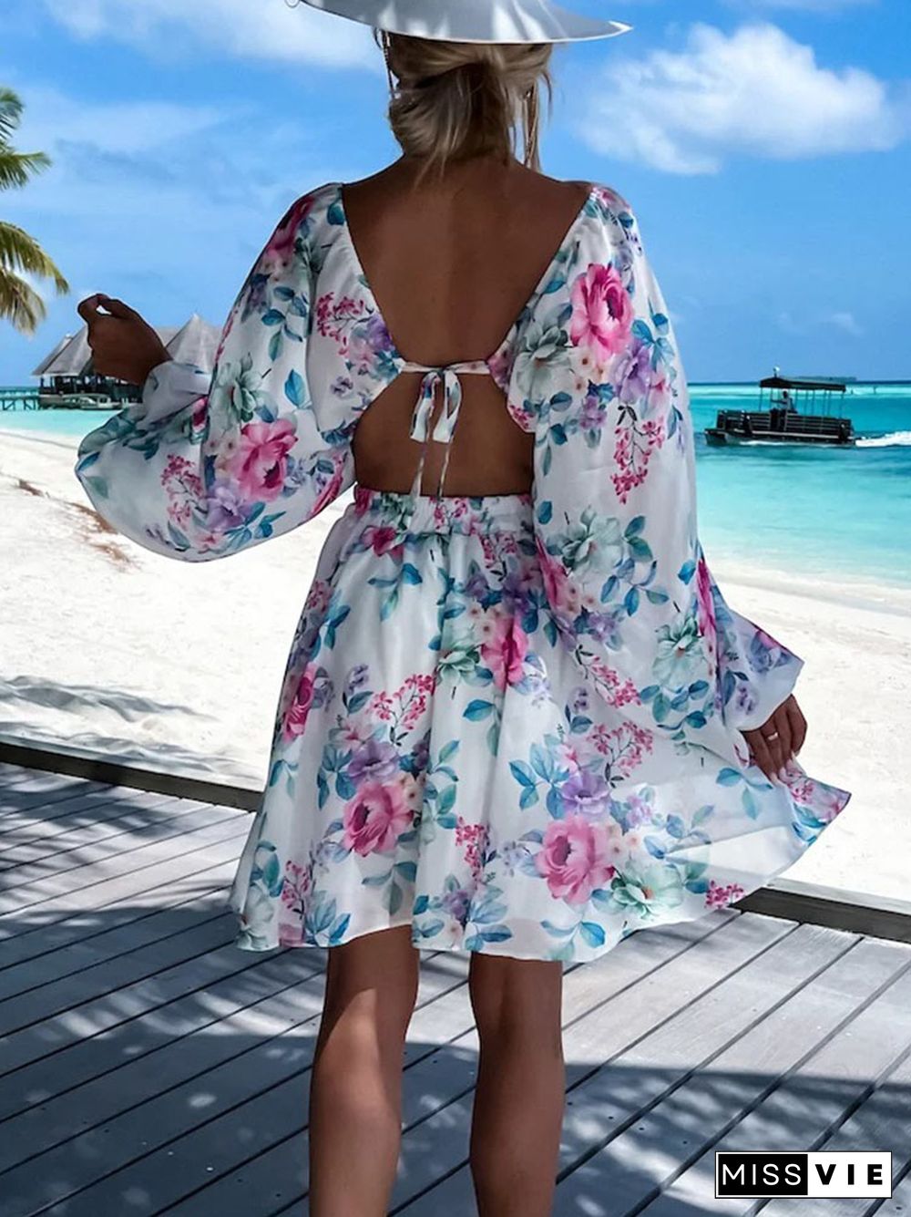 Fashion Deep V Waist Beach Holiday Mini Dress Sexy Hollow Backless Long Sleeve Dress Women Elegant Floral Printing Chiffon Dress