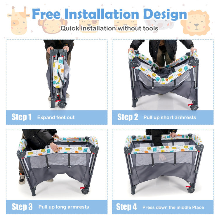 Bedside Sleeper for Baby, Diaper Changer, Mattress, Carry Bag, Music Box & Hanging Toys, Foldable Bedside Crib, Portable Playard for Newborn Toddlers