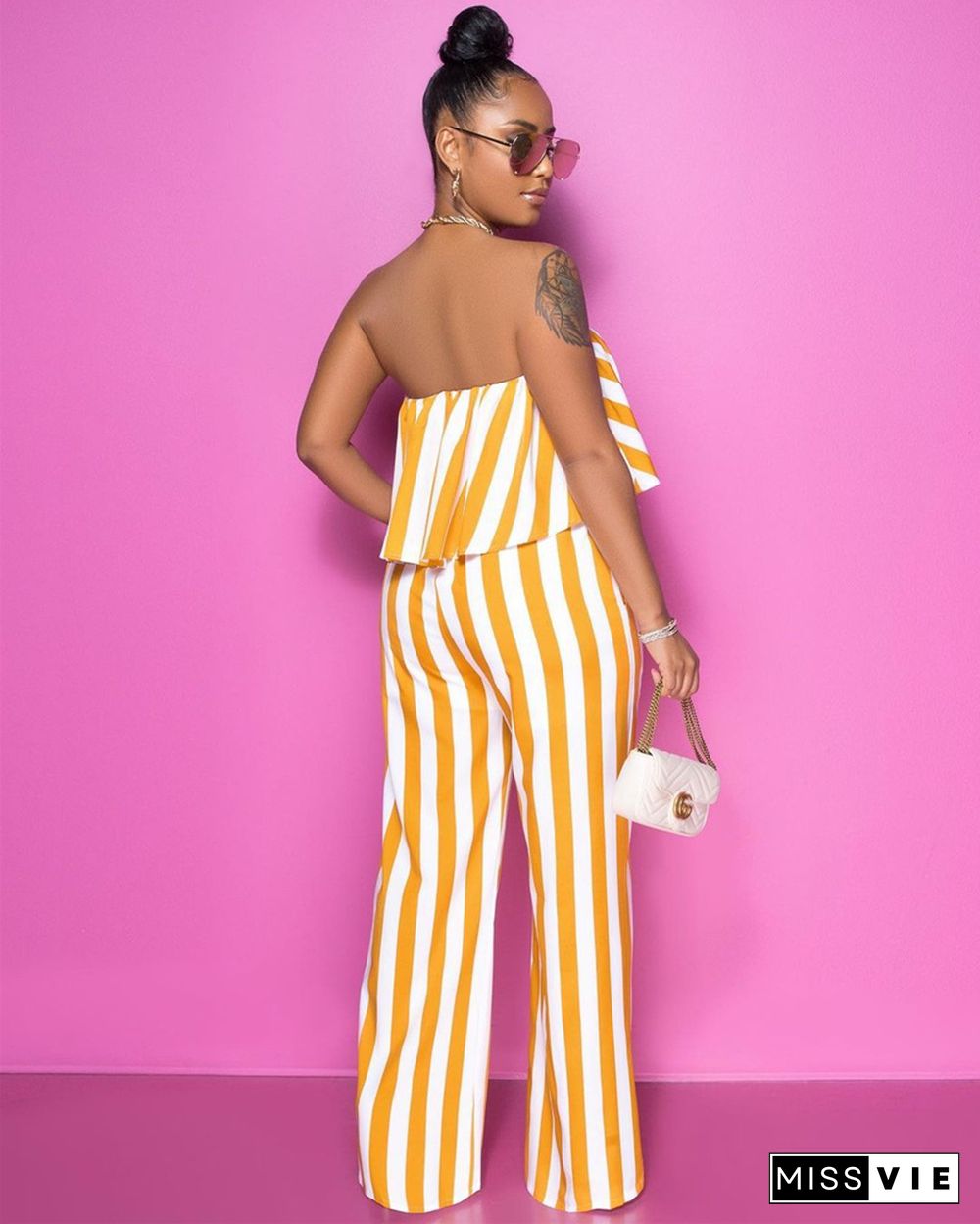 Striped Strapless Crop Tops Wide Leg Long Pants 2PCS