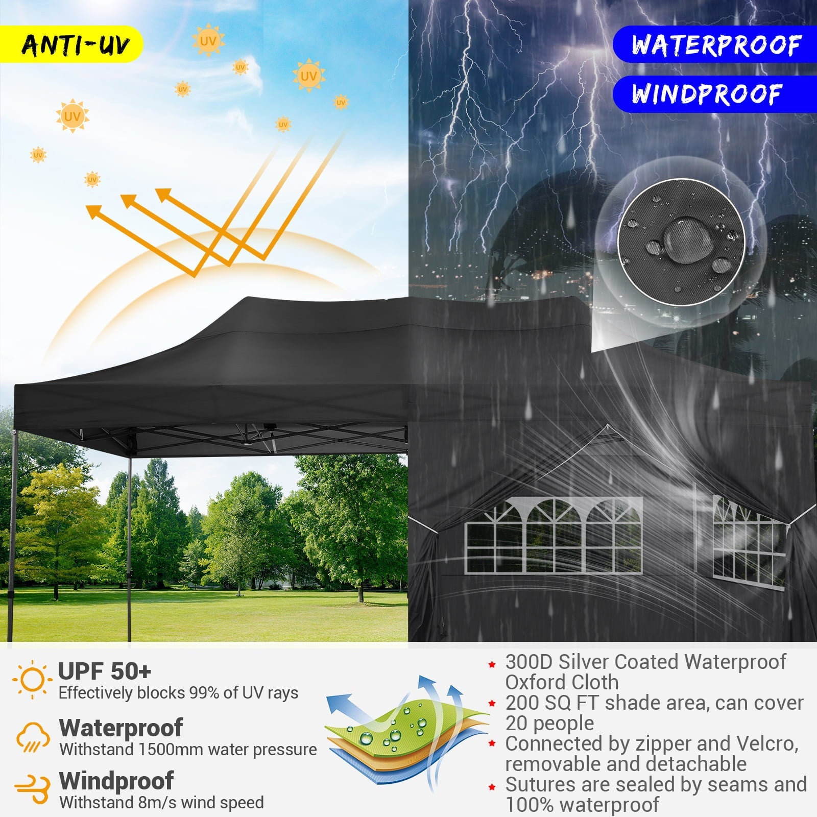 10'x20' Canopy EZ Pop Up Canopy Anti-UV Waterproof Outdoor Tent Portable Party Commercial Instant Canopy Shelter Height Adjustable Tent Gazebo with 6 Removable Sidewalls, 6 Sandbags, Roller Bag, Black