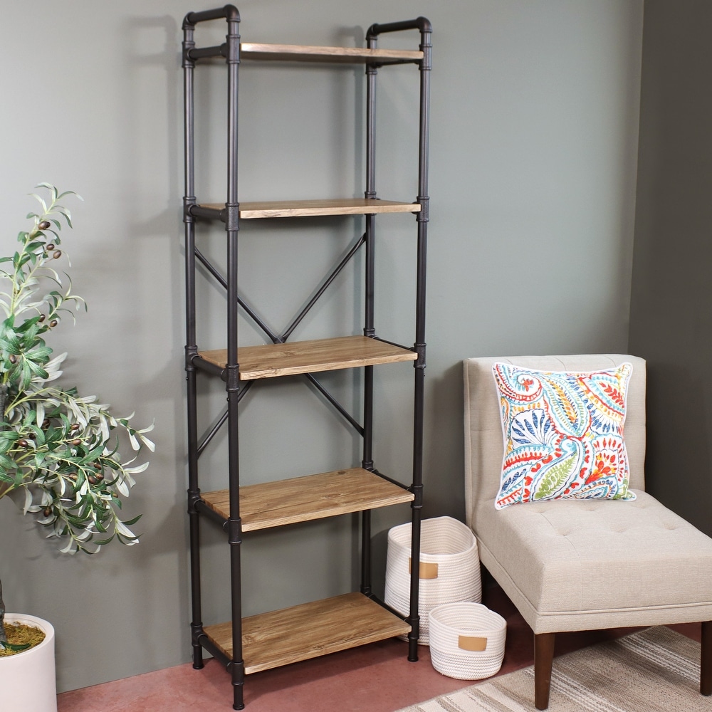 5 Tier Black Pipe Bookshelf with Wood Veneer Shelves