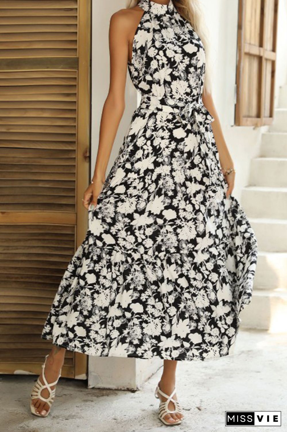 Halter Floral Print Sleeveless Long Split Dress Wholesale