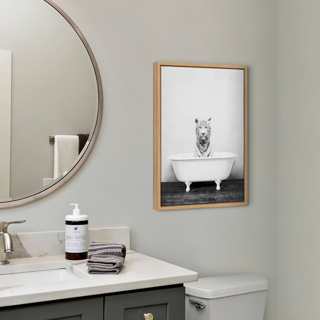 X 24 quot Sylvie White Tiger In The Bathtub Framed Canvas By Amy Peterson Natural Kate amp Laurel All Things Decor