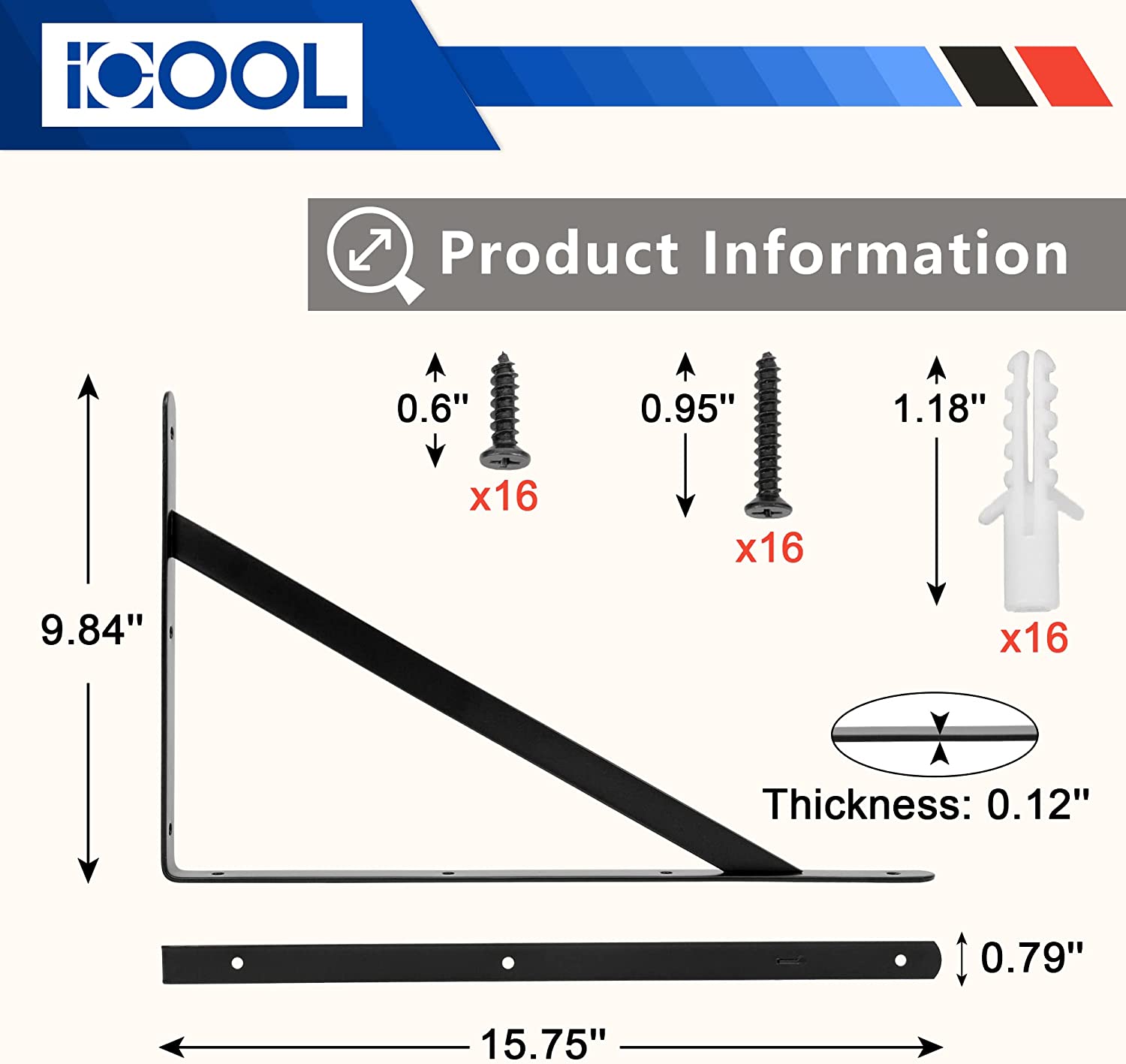 ICOOL Shelf Bracket Heavy Duty 8 Pack 16 inch Black Wall Floating Shelf Brackets for DIY Home Warehouse Garage Farm, Triangle Metal Shelf Supports with Screws