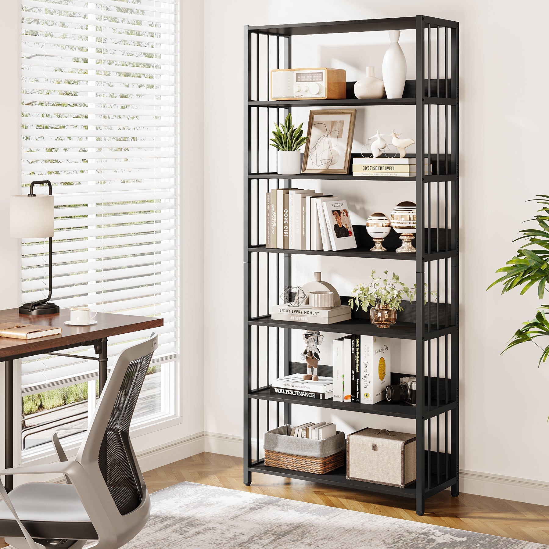 6-Tier Bookshelf, Vintage Storage Display Rack With Open Shelves