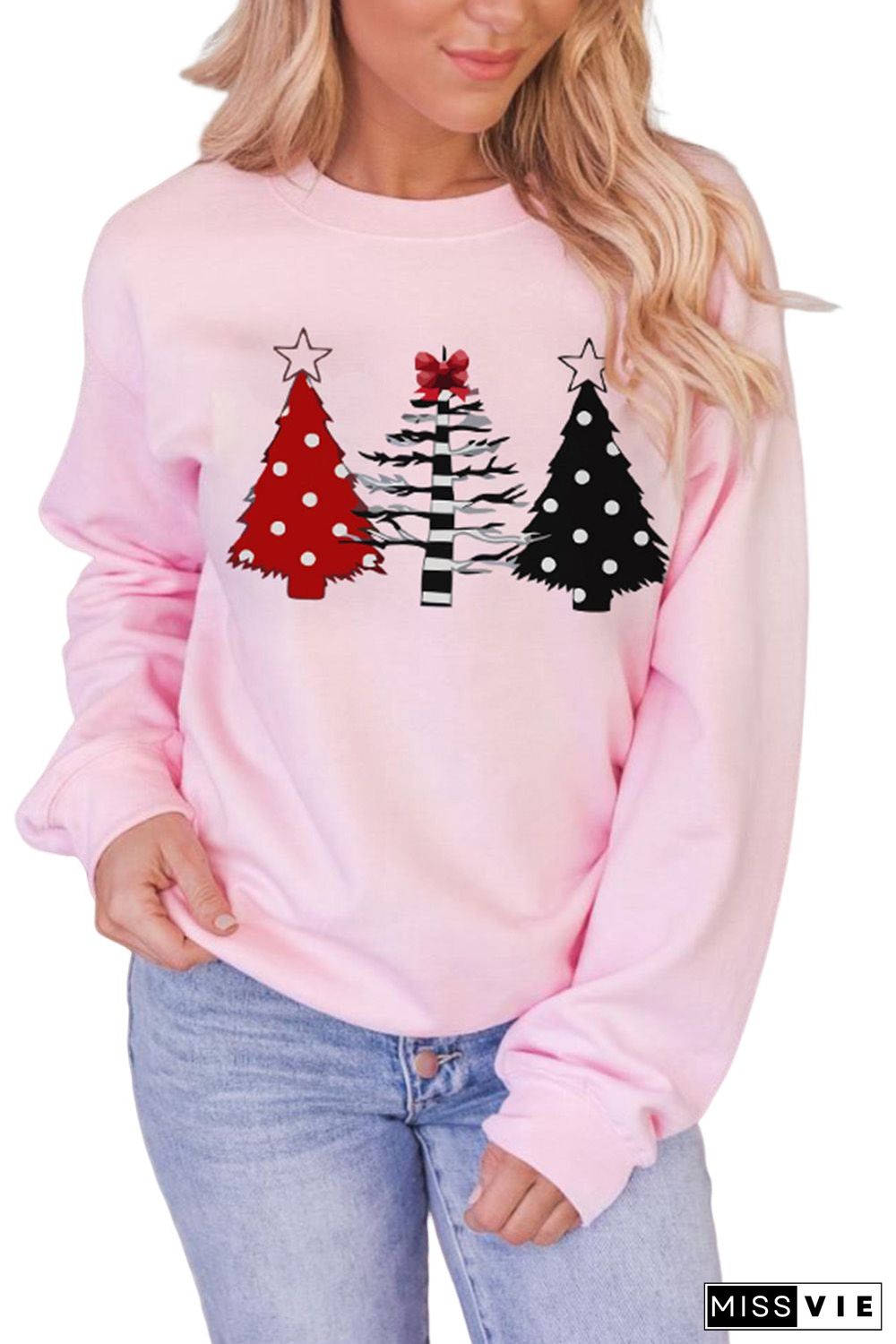 Pink Christmas Tree Graphic Print Pullover Sweatshirt