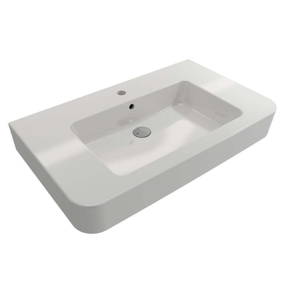 BOCCHI Parma Wall-Mounted White Fireclay Bathroom Sink 33.5 in. 1-Hole with Overflow 1124-001-0126