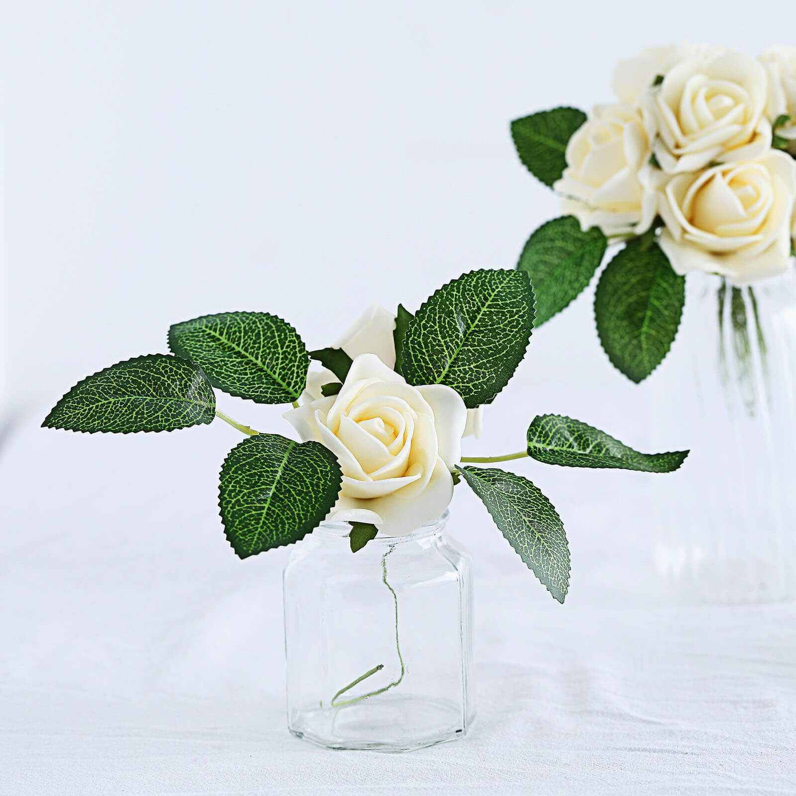 24 Roses Cream Artificial Foam Flowers With Stem Wire and Leaves 2