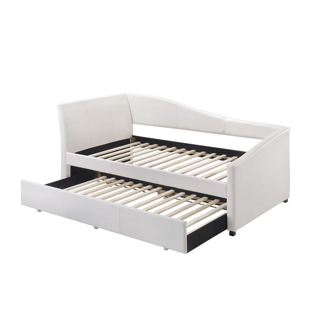 Jedda Upholstered Twin Daybed with Trundle  Sloped Back Side Panel  White PU