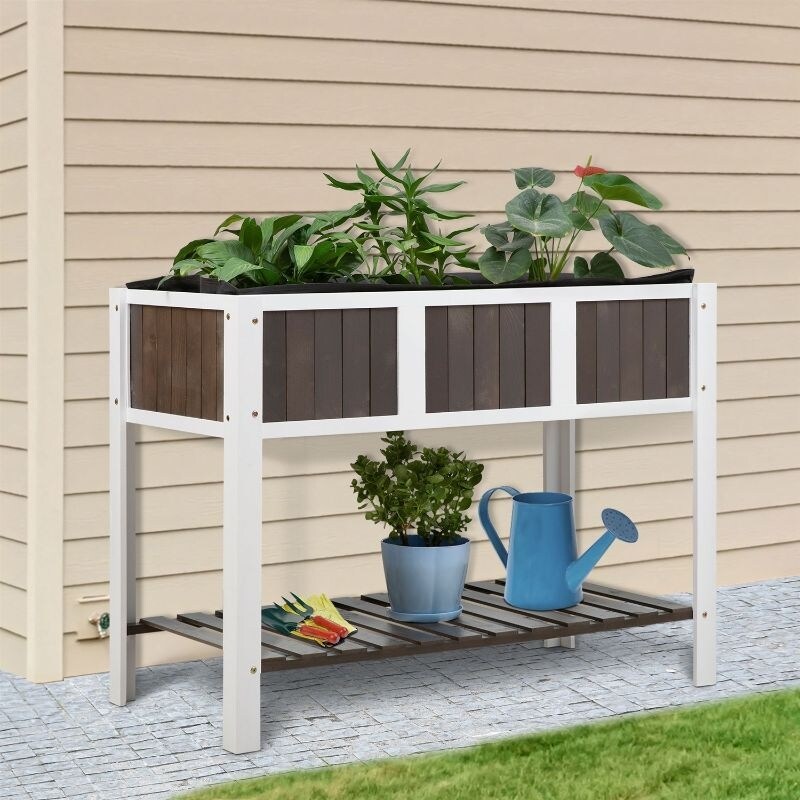 White Wooden 2 Level Elevated Raised Garden Planter Bed   46.75 inches L x 22.5 inches W x 35 inches H