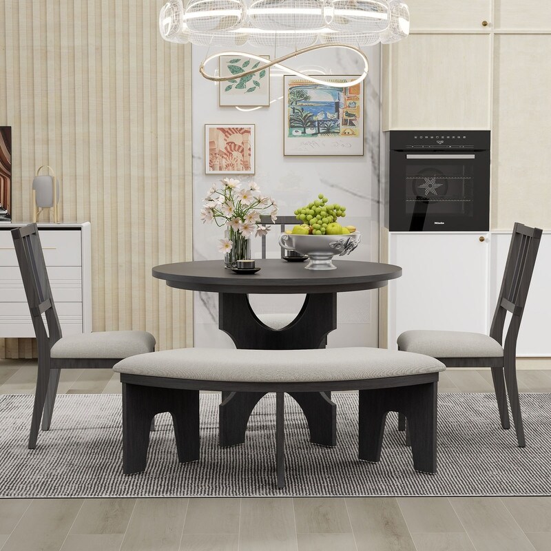 5 Piece Dining Table Set  Round Dining Table with Curved Bench   Side Chairs for Dining Room and Kitchen