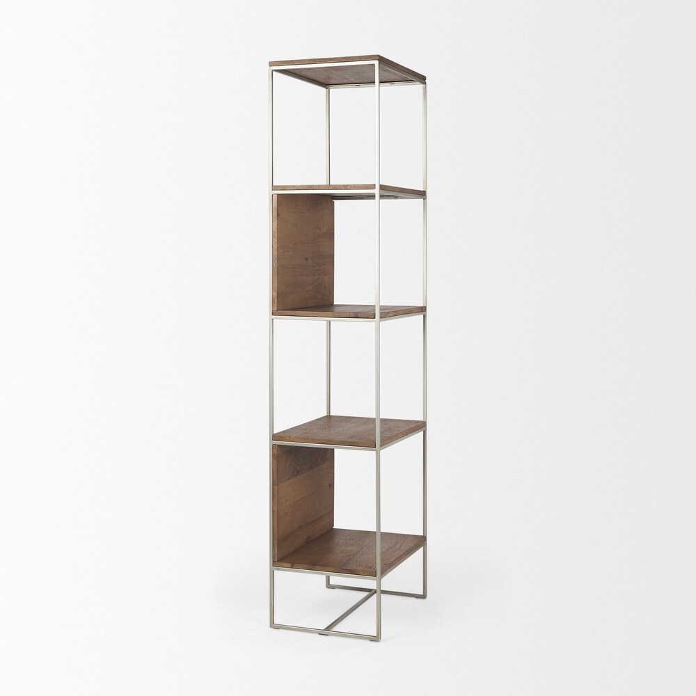 Morris II Medium Brown Solid Wood w/Silver Metal Frame 4 Tier Shelving Unit   20\